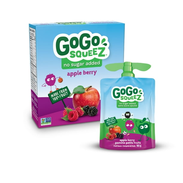 Compote de fruits GoGo squeeZ, pomme petits fruits, sans sucre ajouté. 90 g par gourde, emballage de 4 4 gourdes x 90 g (360 g)