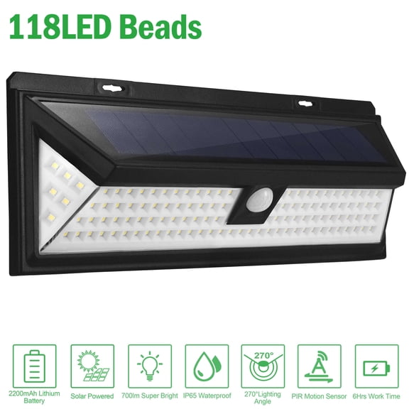 118 LED Solar Wall Light Outdoor, IP65 Waterproof, 120° Sensing 270°Wide Lighting Angle, Motion Sensor Solar Lamp for Garage Garden Pathway