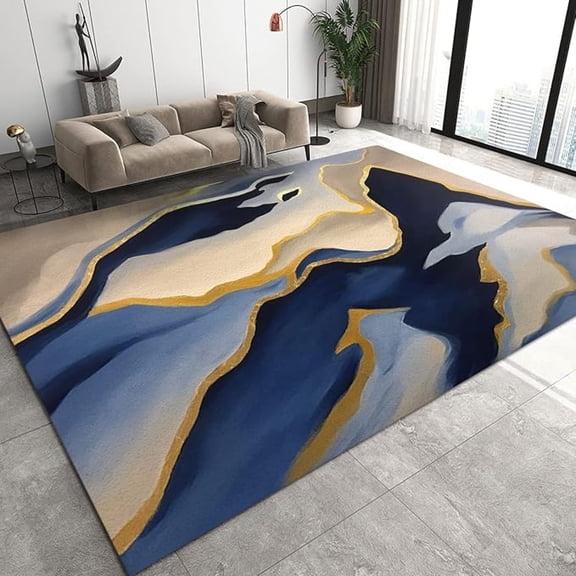 Blue Gold Oil Painting Marble Area Rugs, Modern Embossed Irregular Art Graffiti Living Room Carpet, Carpet Mat Soft Feel Easy To Clean Apply To Bedroom Kitchen Dining Room 5x7ft