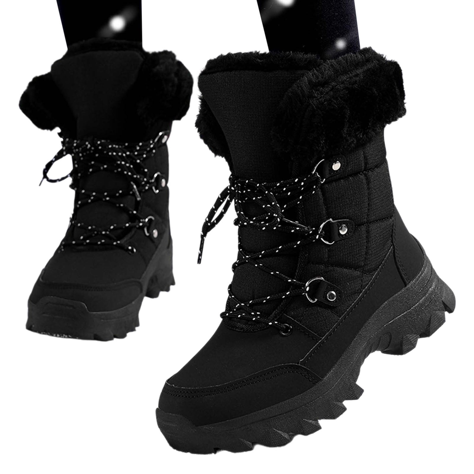 Gyexs Womens Winter Snow Boots Waterproof Shoes Walking Comfortable Hiking Tennis Booties Furry Mid Calf Warm Lightweight Sports Shoes, Black, Size 9