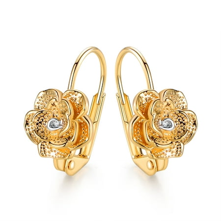 18k Gold Overlay Lever Back Earrings Boasting a Leafed Flower