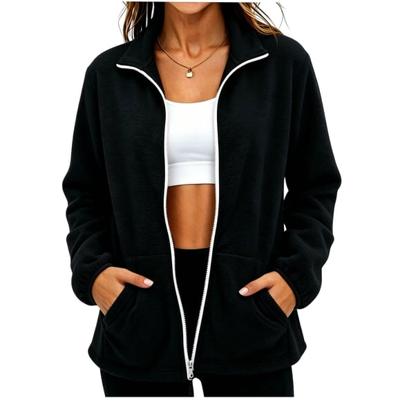 HappyYEE Fleece Jackets for Women, Lightweight Stand Collar Full Zip Coat with Pockets, Fall Long Sleeve Daily Comfy Outerwear