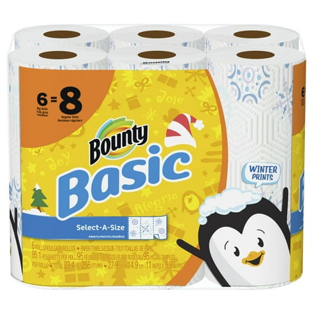 Bounty Basic Select-A-Size Paper Towels, Winter Print, 6 Big Rolls = 8 Regular Rolls