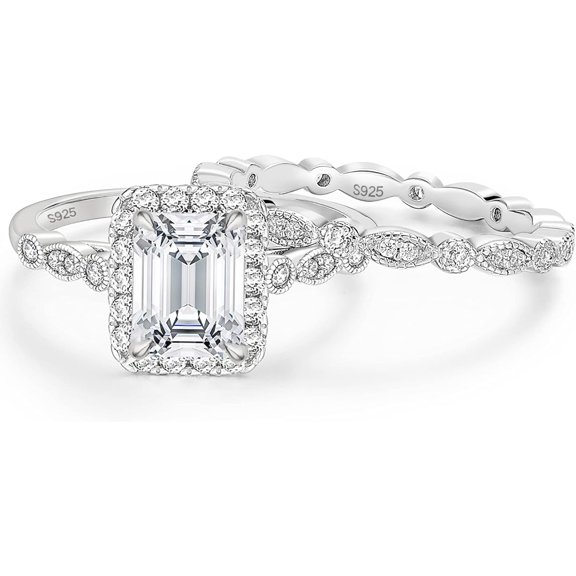 Divine Creation 2.40 Ct Emerald Cut White Diamond Engagement Wedding Thanksgiving Christmas Bridal Ring Set 14K White Gold Plated 925 Sterling Silver For Women's -4.5