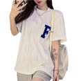 thumbnail image 3 of Las mujeres de manga corta Top cuello redondo carta bordado elegante versátil suelta verano media manga camiseta, 3 of 8