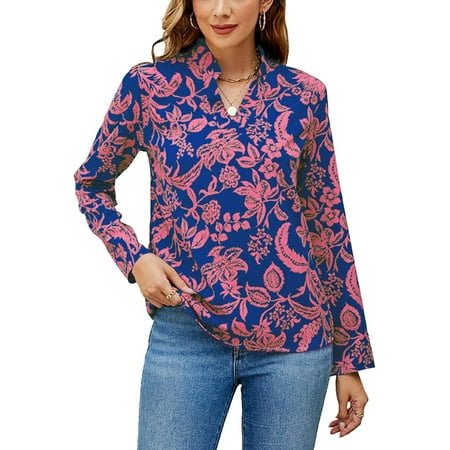 

ZAGHNRENJ V Neckline Printed Blouse Fashionable Casual Fitted Long Sleeve Printed Blouse for Daily Life AAE-1123
