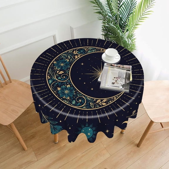 RKSupls 60 Inch Round Tablecloth, Floral Crescent Moon Premium Polyester Straight Edge Wrinkle Resistant Washable Table Cover for Party Home Dining Decor