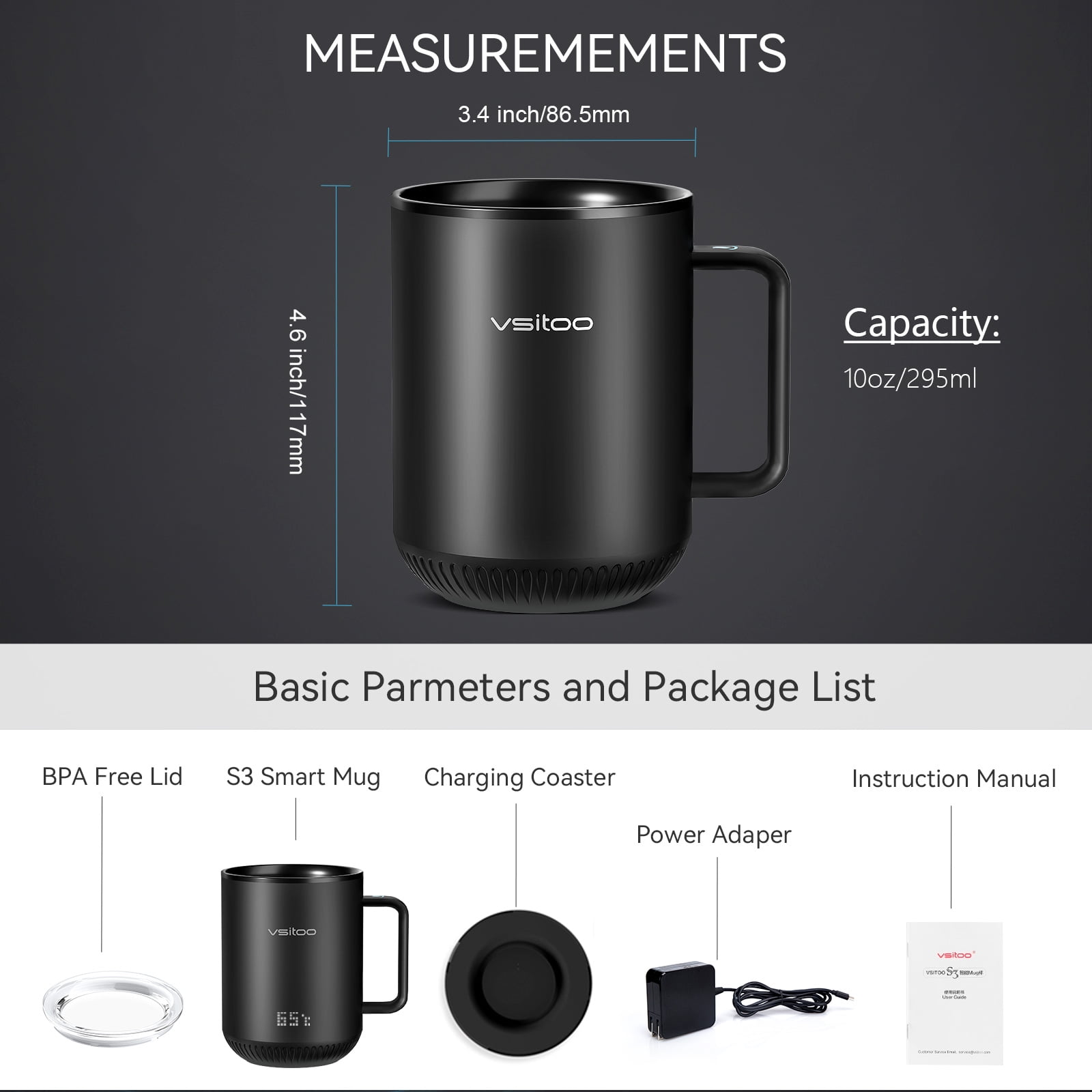 VSITOO S3 Temperature Control Smart Mug 2 with Lid, Self Heating Coffee Mug  10 oz, Touch Tech&LED Display, Black, 1.5-hr Battery Life - App Controlled Heated  Coffee Mug - Improved Design, Coffee Gifts 