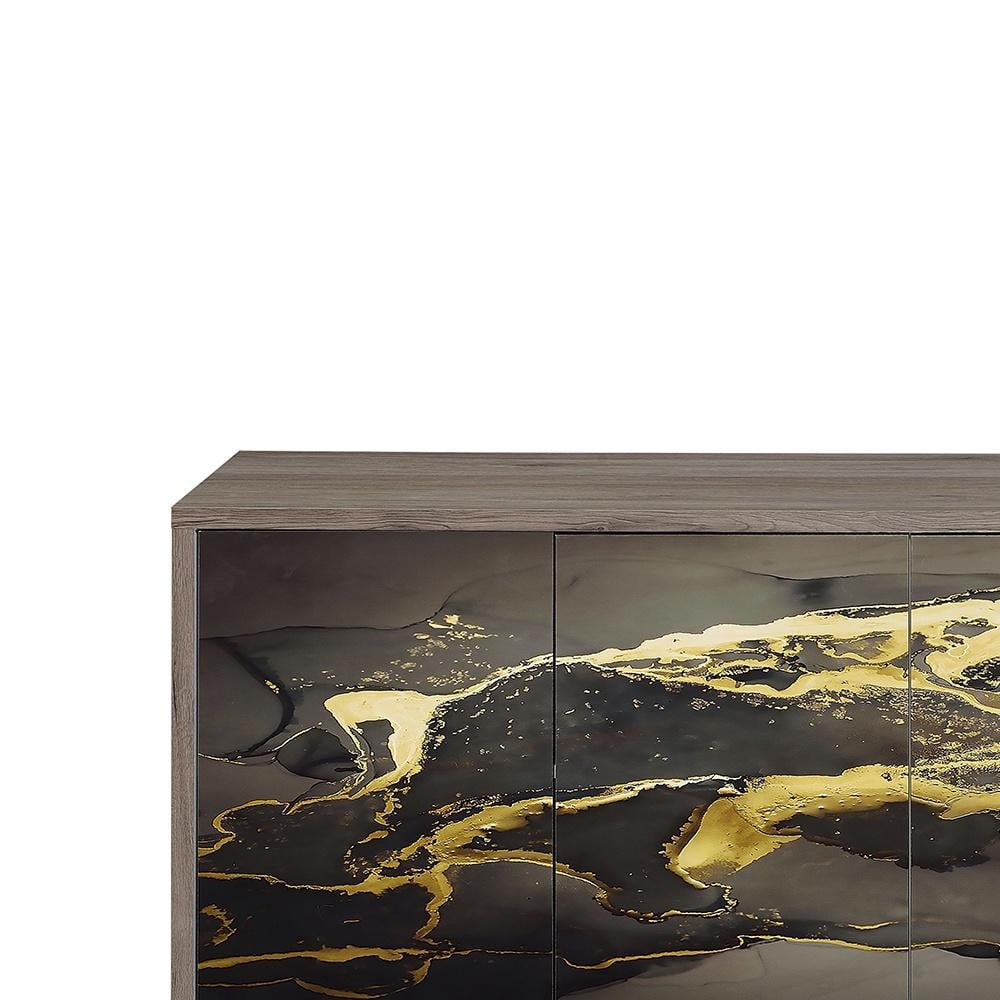 ACME Payo Wood/Metal Console Cabinet in Black Marble Paint/Oak & Champagne