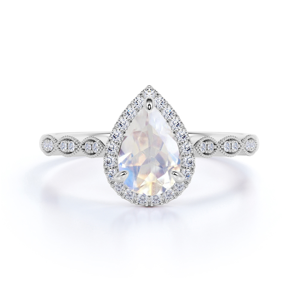 Art Deco Teardrop Bridal Set 1.25Ct Pear Simulated White Opal Diamond CZ 925 Sterling Silver Teardrop Ring Ring Band Wedding Engagement