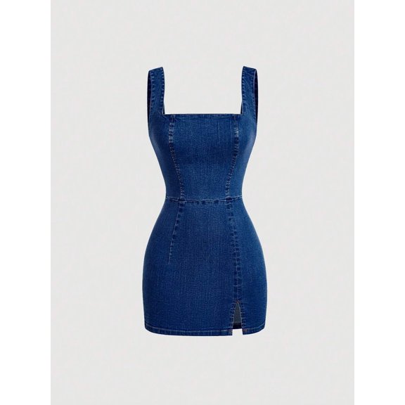 Dark Wash Square Neck Denim Bodycon Mini Dress