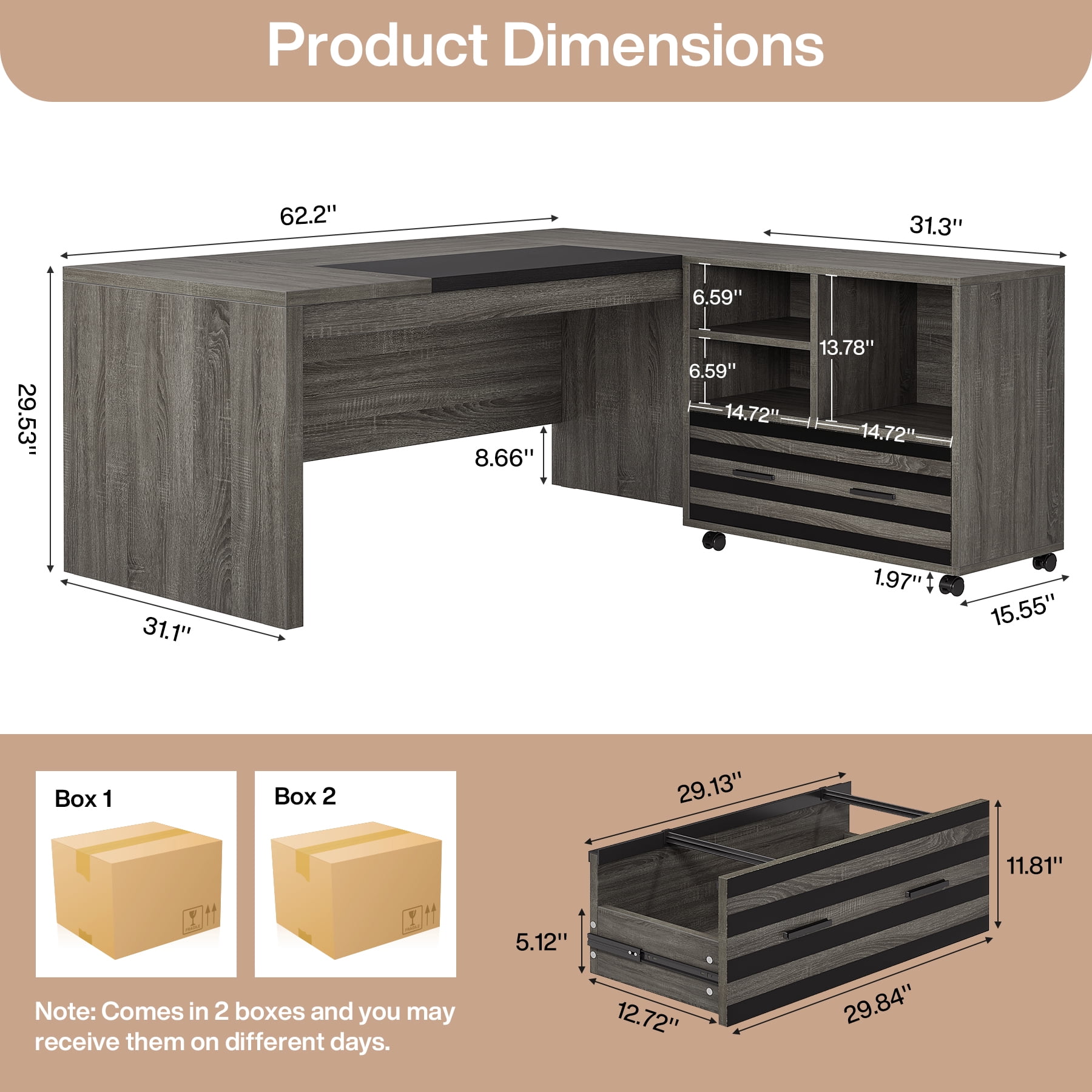 62.2" Executive Desk with Mobile File Cabinet, L-Shaped Office Desk with Storage Shelves, Gray