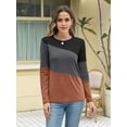 thumbnail image 3 of Women'S Color Block Tops Casual Long Sleeve Tunic Round Neck Pullover Shirts Black Brown S, 3 of 6
