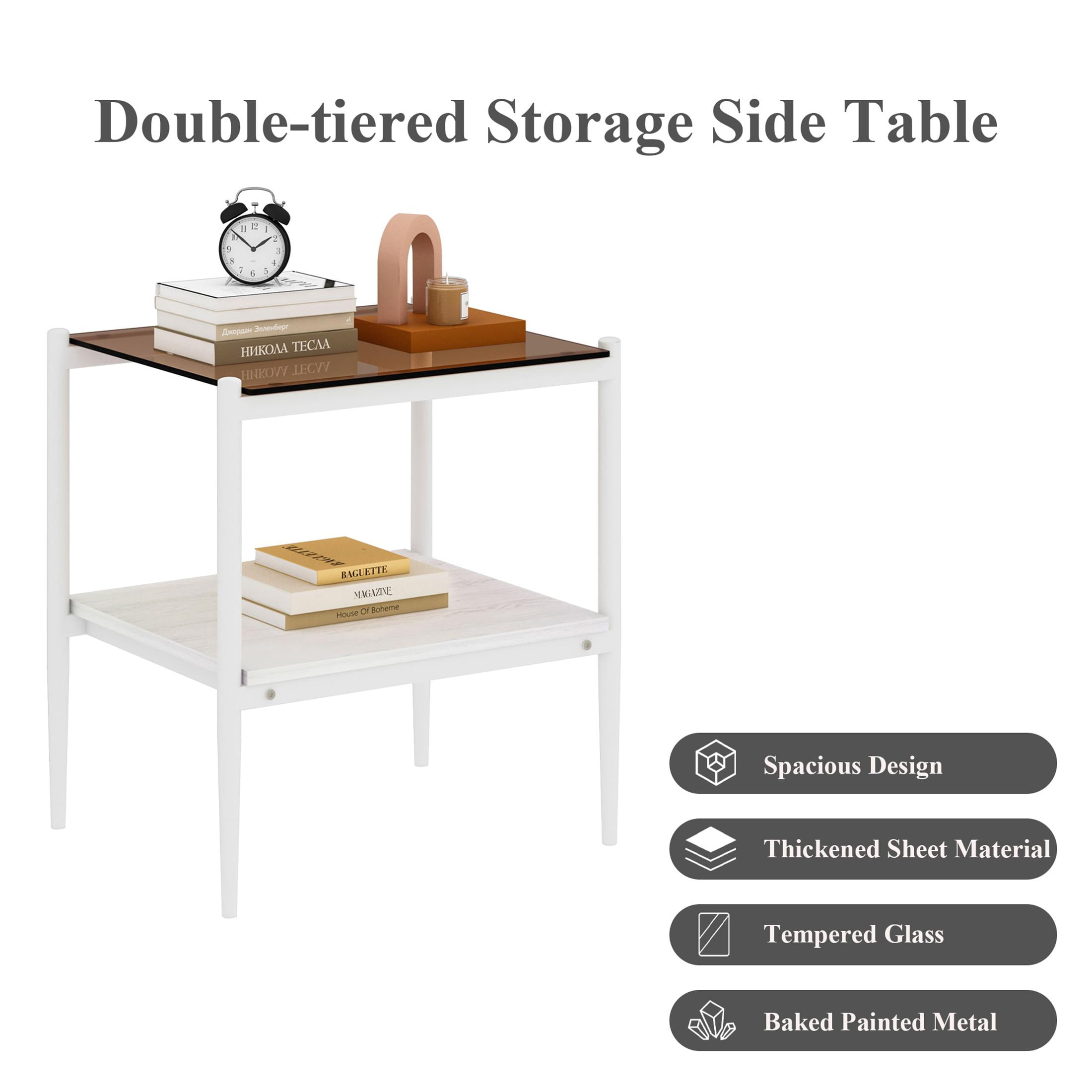 PAPROOS Nightstand Set of 2, Bedside Table with Metal Legs, Modern End Side Table with a Fabric Drawer and Shelf, Versatile Nightstand for Bedroom Sofa Entryway, Brown+White