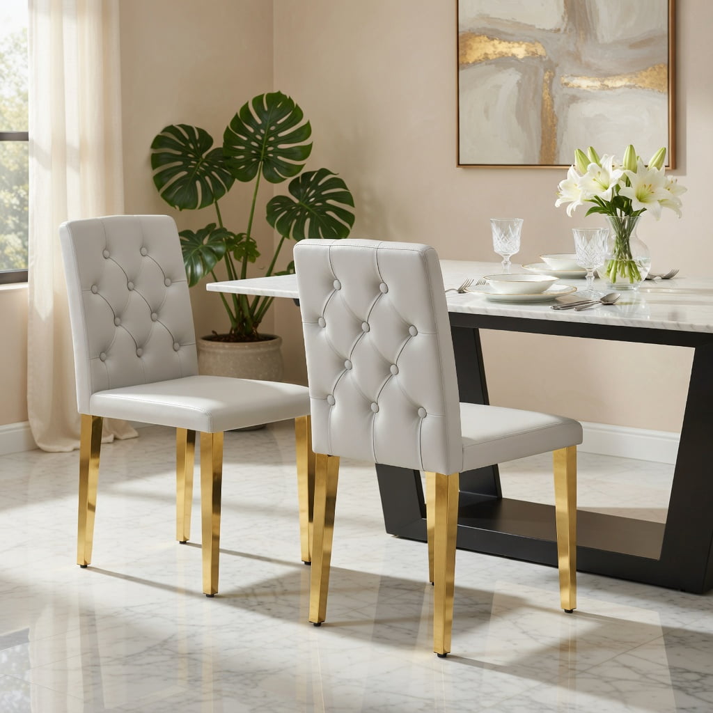 Hommoo 2-Pack PU Dining Chairs with Ergonomic Buckle Backrest & Metal Legs, 35" Height, Modern Luxury Design for Restaurants, Banquet Halls & Home Dining, Light Gray & Gold