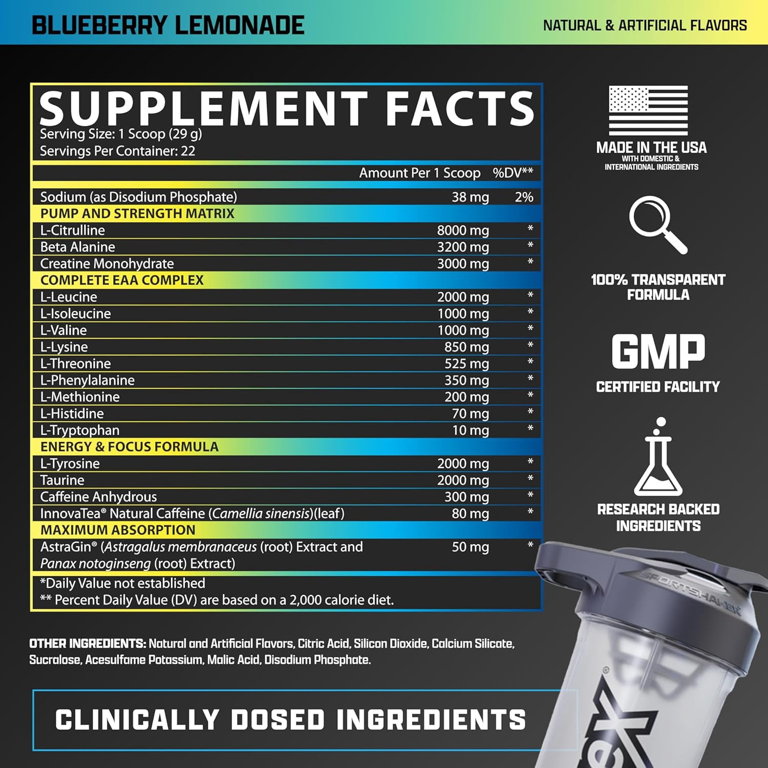 Nutrex Research Outlift Clinically Dosed Pre Workout Powder with Creatine, 8G Citrulline, BCAA - Energy, Performance, Pump Preworkout Supplement for Men & Women (22 Servings, Blueberry Lemonade)