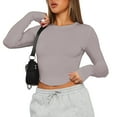 thumbnail image 2 of Wassery Women Slim Fit Crop Tops Juniors Long Sleeve Round Neck Basic T-Shirt Solid Color Casual Base Tees Teen Girls Curved Hem Pullover Tops, 2 of 5