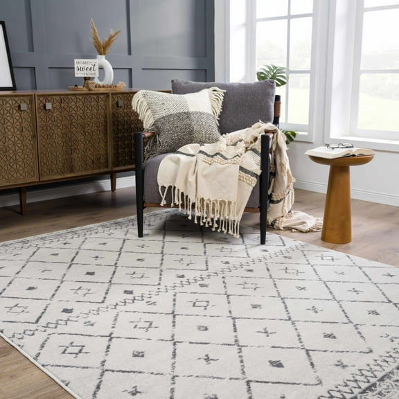 Hauteloom Tigris Moroccan Trellis Geometric Farmhouse Living Room Bedroom Large Area Rug - Bohemian Traditional - Southwestern Native American Look - Beige, Cream, Gray, Dark Grey - 9' x 12'