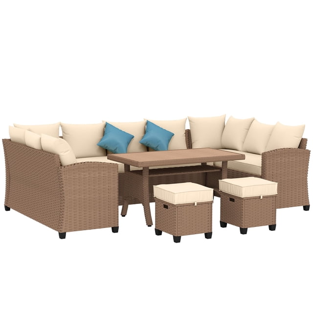 Khaki 6-Piece Outdoor Wicker Patio Furniture Set with Coffee Table & Cushions - Perfect for Gardens, Patios & Backyards - PE Rattan Conversation Set