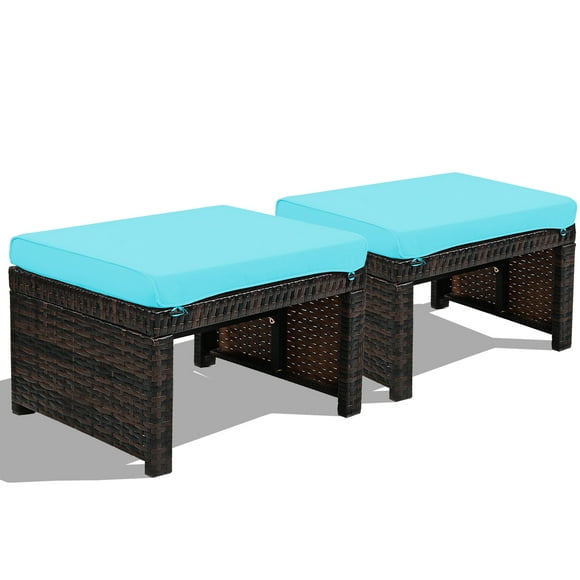 Gymax Set of 2 Rattan Ottoman Footrest Footstool Patio Furniture w/ Turquoise Cushion