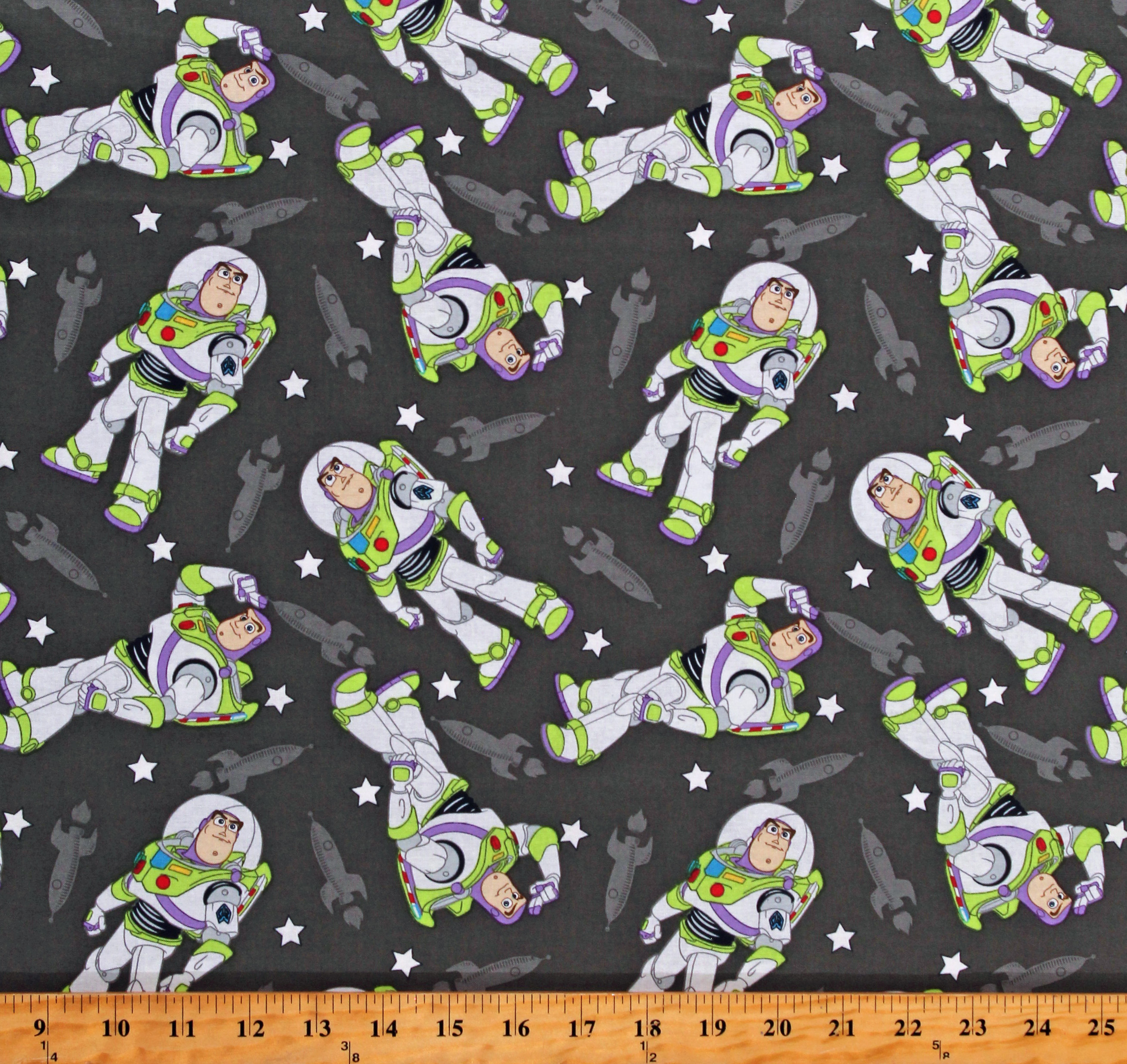 Cotton Buzz Lightyear Disney Toy Story Toss Stars Spaceships on Gray