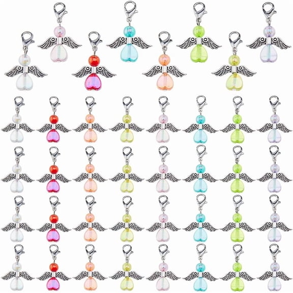 48Pcs 8 Colors Angel Wing Charms Angel Pendants Fairy Dangle Pendants Heart Beads Charm with Lobster Clasps Guardian Charms for Necklace Bracelet Earring Keychain DIY Craft Making3.2cm