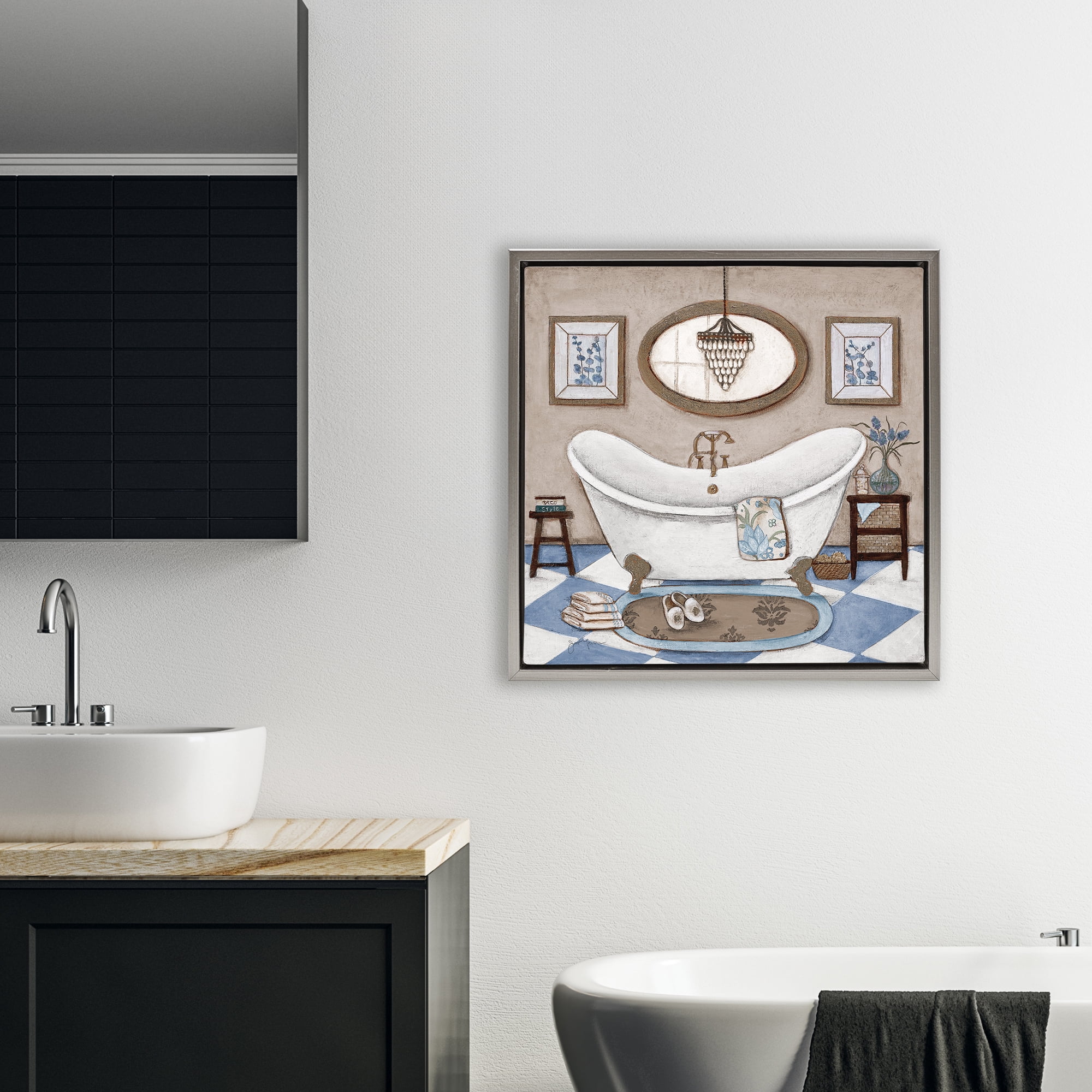 Stupell Industries Checkered Relaxing Bathtub Gray Framed Floater Canvas Wall Art, design by Janet Tava