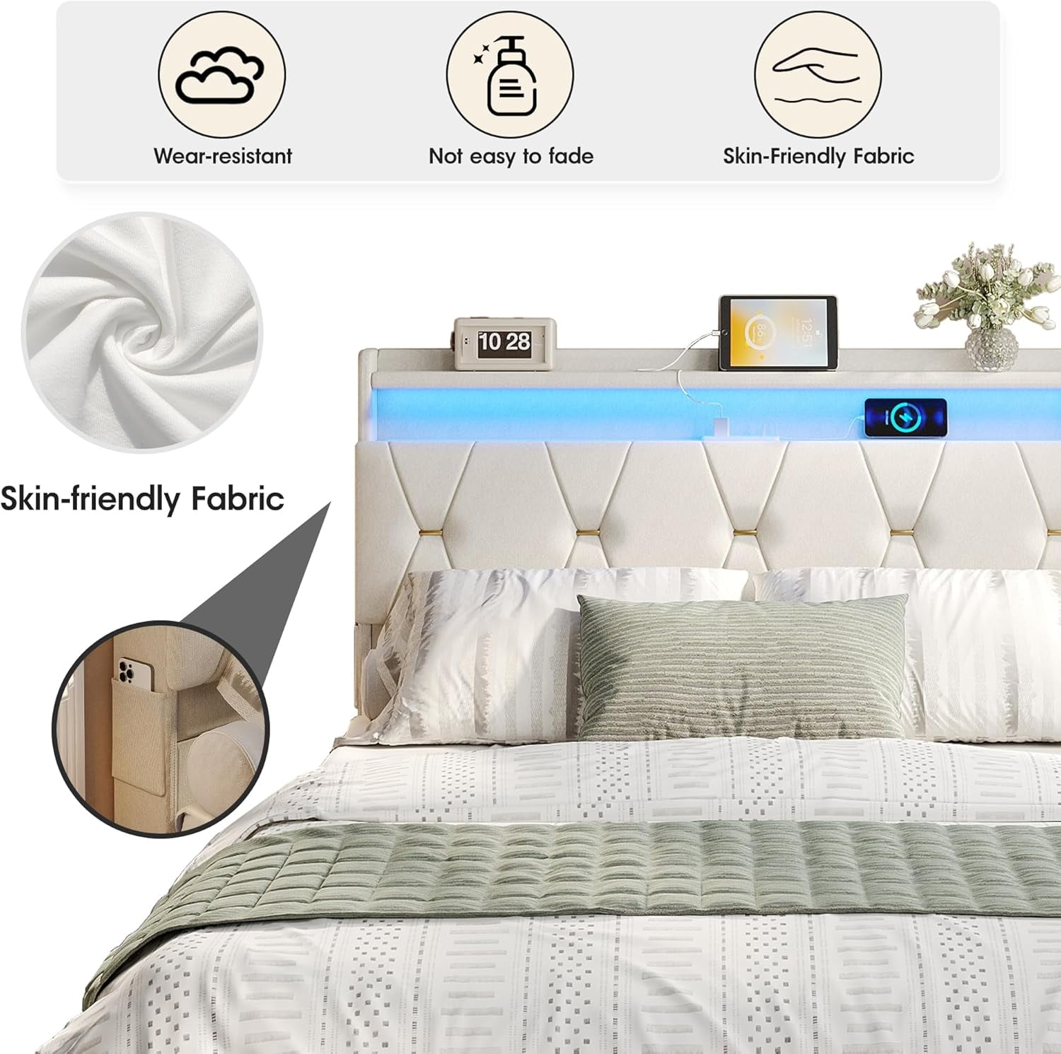 VEANERWOOD Full Size Lift Up Bed Frame with Storage Headboard, Upholstered Platform Bed with Charging Station, LED Lights, No Box Spring Needed