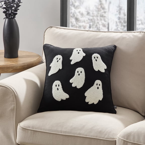 Halloween Tufted Ghost Throw Pillow 18x18 Inch, Spooky White Ghost Decorative Cushion, Black Square Pillow for Sofa Bedroom Halloween Home Decor