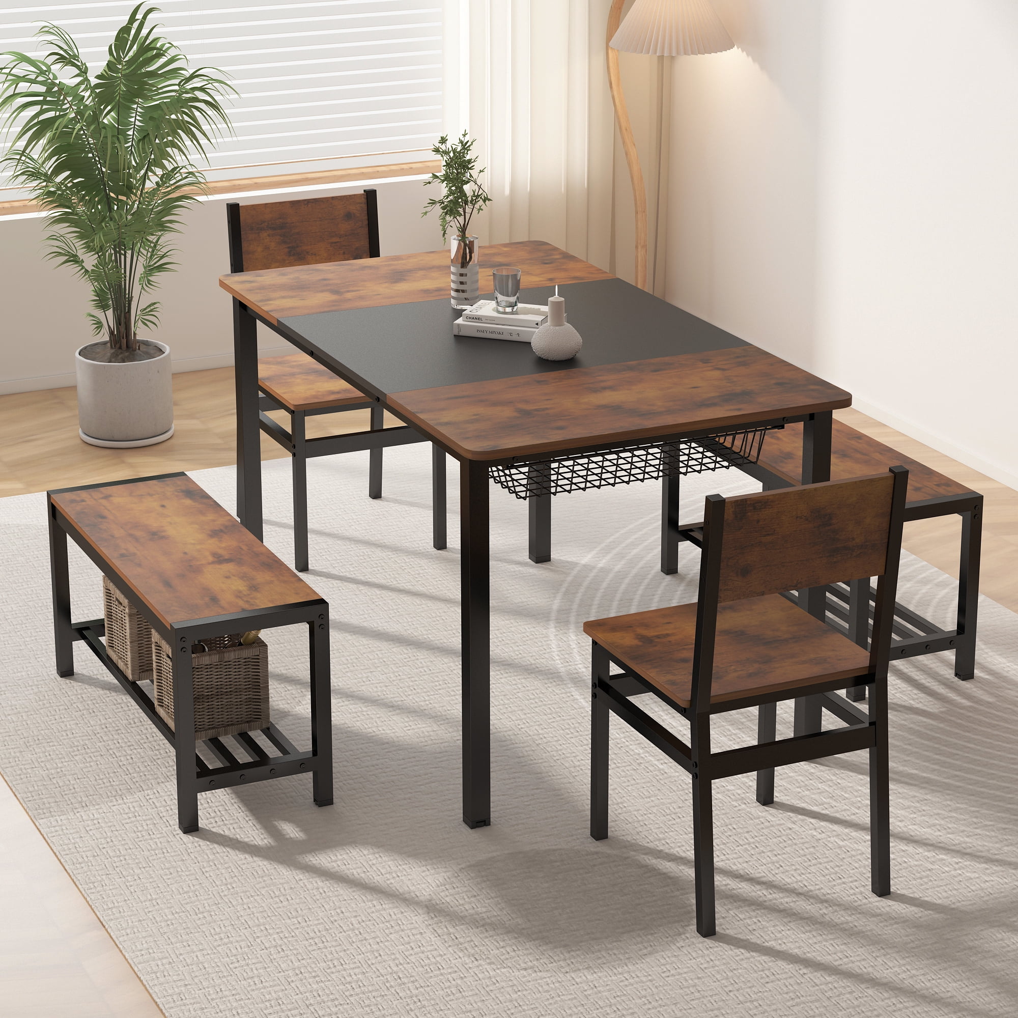 NAIYUFA Dining 5 Pieces Table Set,One Large Table ,2 chairs and 2 Benches for 4-6 people,Wood Brown Sets with Storage Rack