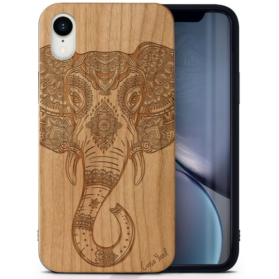 Case Yard Wooden Case Outside Soft TPU Silicone, Slim Fit Shockproof Wood Protective Phone Cover for Girls Boys Men and Women, Supports Wireless Charging Royal Elephant Head Design case for iPhone-XR