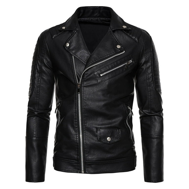 YYDGH Men's Long Sleeve Plus Size Lapel Leather Jacket Casual Faux Leather  Motorcycle Jacket Outerwear Coat with Zipper Pockets Black 4XL 