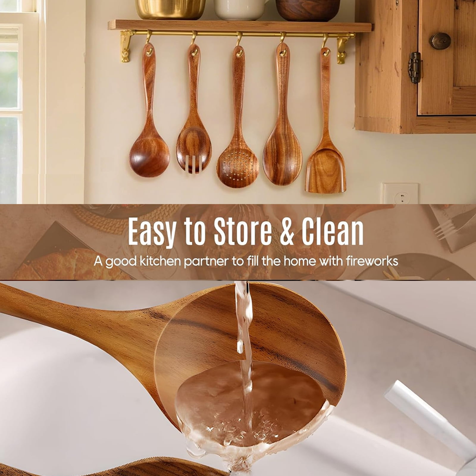 Kisportee Wooden Spoons for Cooking, 8 Pcs Natural Teak Wooden Utensils Set, Non-Stick & Heat Resistant Durable Wood Kitchen Utensil Set