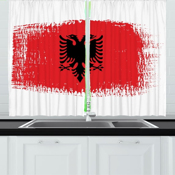 Albania Kitchen Curtains, Grunge Paint Stroke Style Flag Art Double Headed Hawk with Pointed Beaks, Two Panels Drapes with Rod Pocket Room Decor, 55" X 45", Vermilion and Black, by Ambesonne