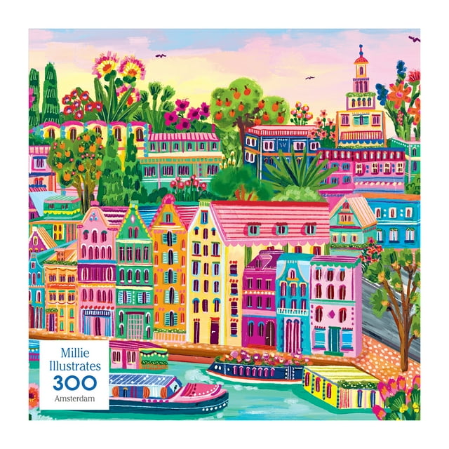 RoseArt - Modern Illustrations 300-Piece - Amsterdam- Adult Interlocking Puzzle showing a colorful illustration of Amsterdam canal houses in pink, yellow, green, and blue with lush trees, flowers, fruit, and boats on a canal under a pastel sunset sky, measuring 18 by 24 inches and suitable for ages 9 and up.