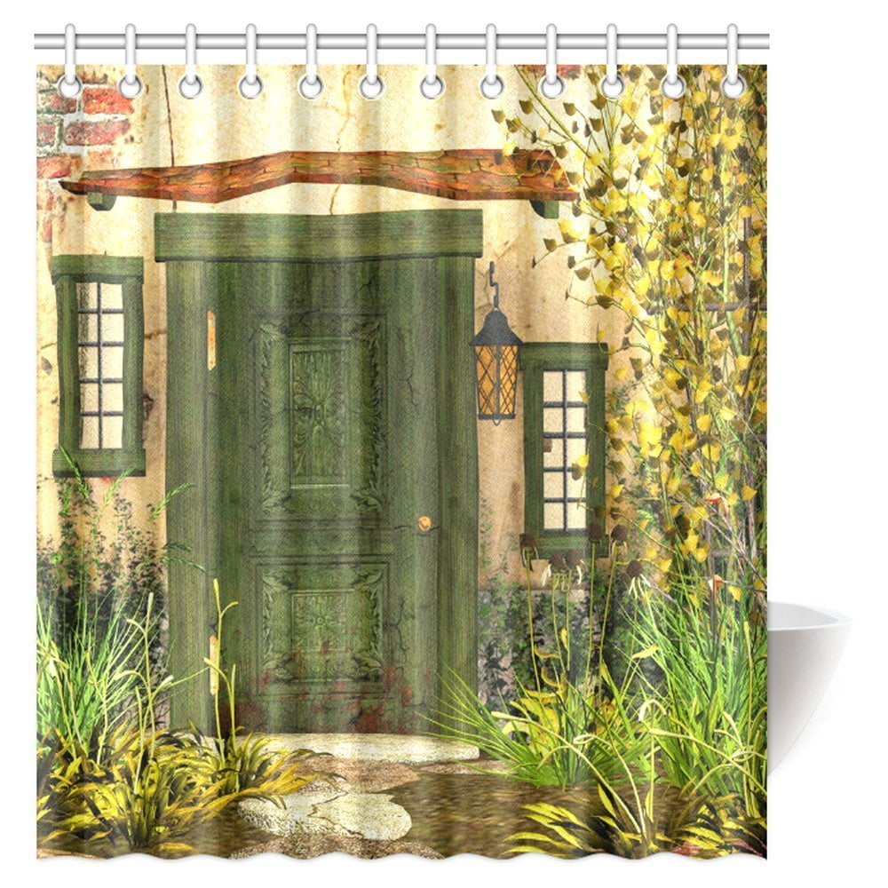 MYPOP Rustic Shower Curtain, Cottage Door Overgrown Bushes Grass Tree