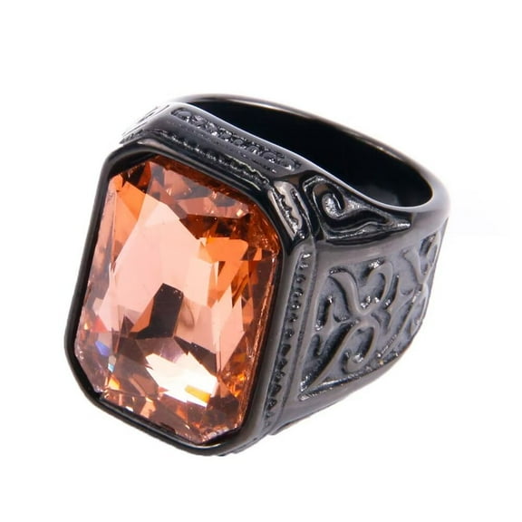 HIJONES Men Women's Square Gem Ring Stainless Steel Fashion Personality Rings Jewelry Black Plated Champagne Gemstone Size 7