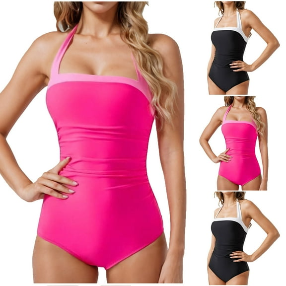 lcziwo Ofertas Flash Women One Piece Swimsuit Halter Neck Backless Swimwear Fashion Color Block Tummy Control Bathing Suit 2025 Summer Beach Outfits Pink XL