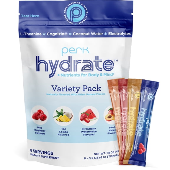Perk Hydrate Electrolyte Stickpacks (Variety Pack) 8 Packets - Blue Raspberry, Piña Colada, Strawberry Watermelon, Peach Mango - Zero Sugar, Gluten-Free, Soy-Free