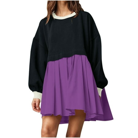 Dwaogom Fashion Women s Casual Over Sized Sweatshirt Long Sleeve Dress Round-Neck Ladies Patchwork Mini Dresses Halter Dresses For Women Pink Wedding Guest Dress Renaissance Bag
