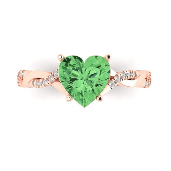 2.1ct Heart Cut Green Crystal 14k Pink Rose Gold Engraving Statement Bridal Wedding Designer Ring Size 7.5