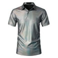 thumbnail image 5 of INSPIRE CHIC Metallic Polo Shirt for Men's Short Sleeves Shiny Disco Nightclub Party Collared T-Shirt M Silver, 5 of 6