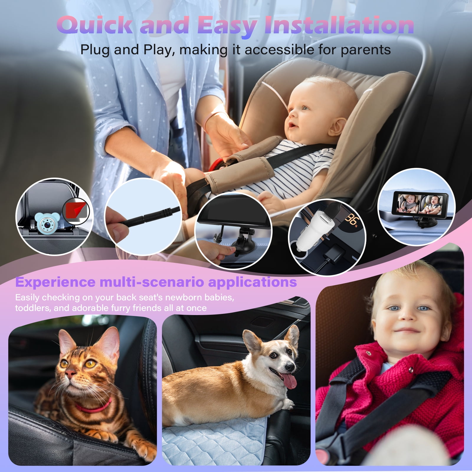 Baby Car Camera for 2 Kids - 6.9-Inch Monitor Easy Setup 360° Rotatable Double HD 1080P Clear Night Vision Car Seat Camera Rear Facing for Twins or Siblings, Safety & Convenience