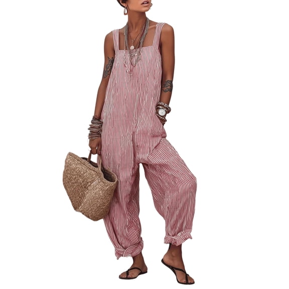 WULMLEO Women's Striped Loose Fit Square Neck Rompers Sleeveless Minimalist Wide Leg Jumpsuit with Pockets Summer Casual Overall Dressy 2026 Overalls Red L