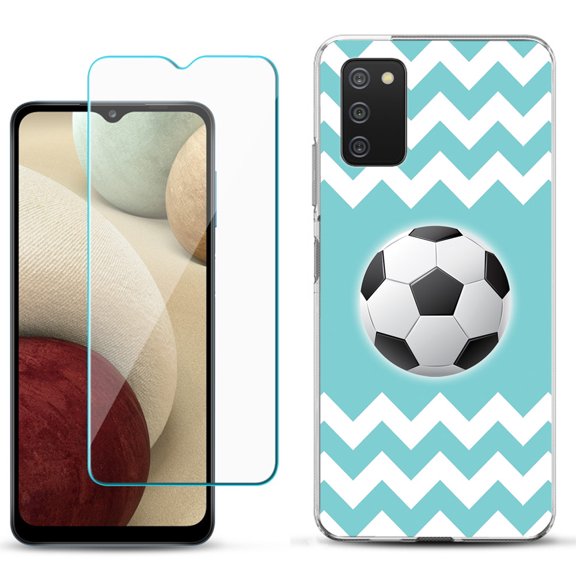 Slim-Fit TPU Phone Case Compatible with Samsung Galaxy A02s, with Tempered Glass Screen Protector, by OneToughShield ® - Chevron/Teal/Soccer