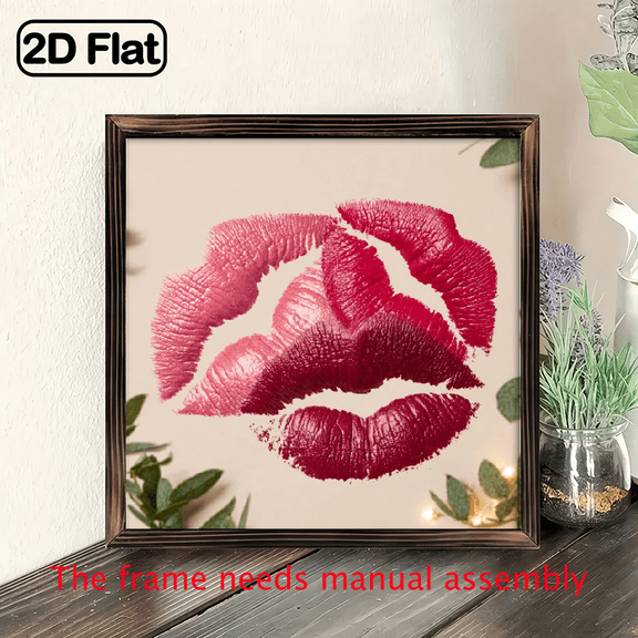 2D Flat, 1pc Vintage Red Lipstick Kisses Wall Art - Lip Print Sign with Wood Frame, 8x8 Inch Retro Lip Decoration for Bedroom, Wedding, Valentine's Day - Easy to Hang Wood Framed Decor