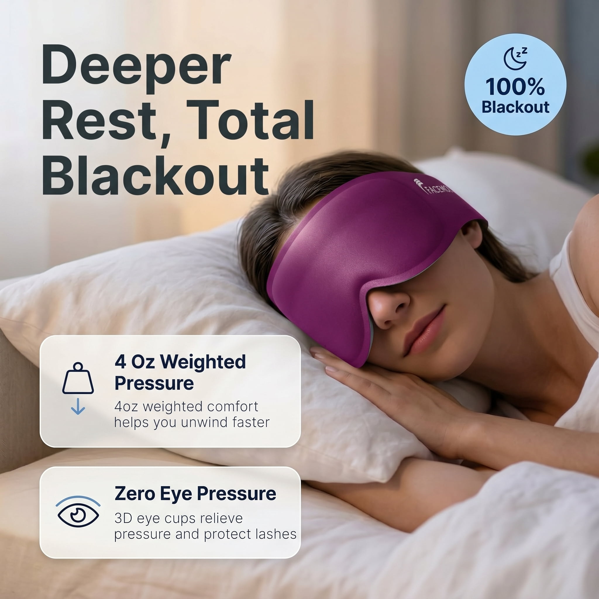 FACEMOON Weighted Sleep Mask 100% Blackout 3D Contoured for Men and Women Luxurious Night Sleep Soft Memory Foam Zero Pressure Travel Essential Purple
