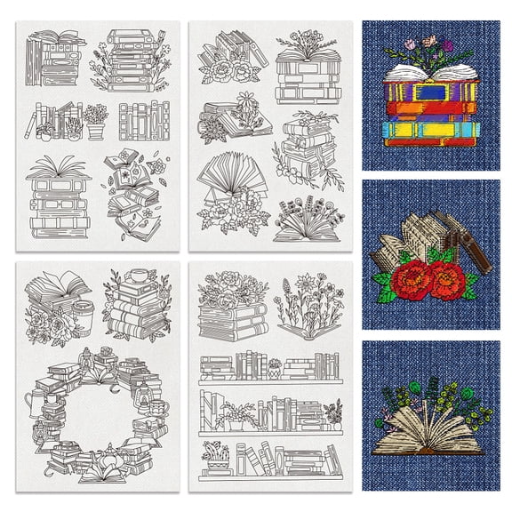 4 Sheets 18PCS Stick and Stitch Embroidery Paper Books and Flower Theme Stabilizer Water Soluble Hand Sewing