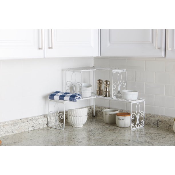 Brylanehome Scroll 2Tier Corner Shelf, White Kitchen Space Saver