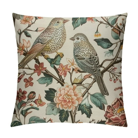 Fenyluxe Vintage Bird Floral Pillow Covers Pink Green Yellow Flower Leaves Decorative Throw Pillows For Couch Chinoiserie Cases Farmhouse Home Decor Sofa Bed Porch Outdoor 12x12in
